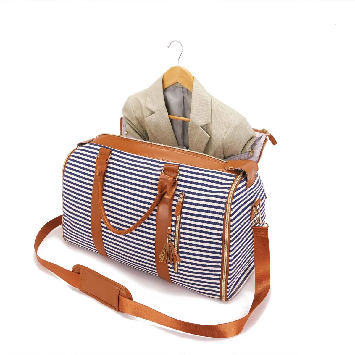 Fabric Solid Color Striped Foldable and Expandable Multifunctional Travel Bag