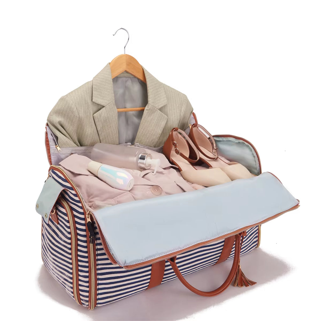 Fabric Solid Color Striped Foldable and Expandable Multifunctional Travel Bag