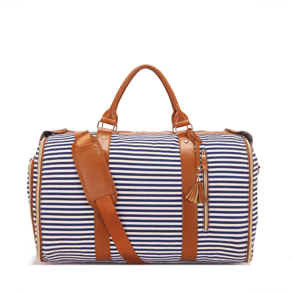 Fabric Solid Color Striped Foldable and Expandable Multifunctional Travel Bag